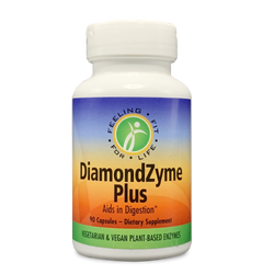 A bottle with a label for DiamondZyme Plus, a powerful digestive support supplement with live plant digestive enzymes.