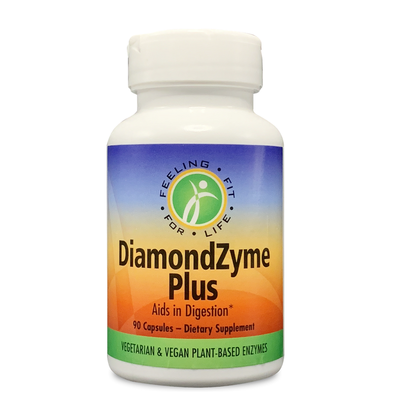 A bottle with a label for DiamondZyme Plus, a powerful digestive support supplement with live plant digestive enzymes.